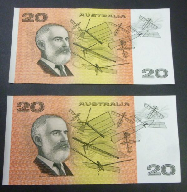 Australian $20 Notes, 'ABN' prefix, consecutive pair, c.1993