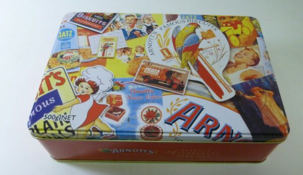 ARNOTT'S 'Collage of Advertising', red, rect. 500g. Biscuit Tin, c.2003