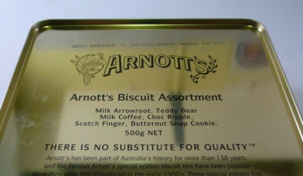 ARNOTT'S 'Collage of Advertising', red, rect. 500g. Biscuit Tin, c.2003