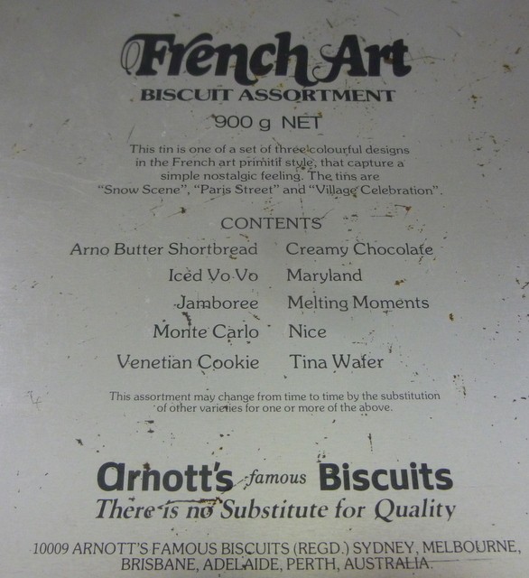 Arnott's French Art 'Village Celebration', 900g. Biscuit Tin, c.1979