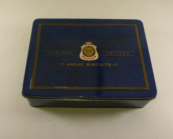 Unibic 'ANZAC BISCUITS', RSL badge on blue, 600g. Biscuit Tin, with info sheet, c.2001