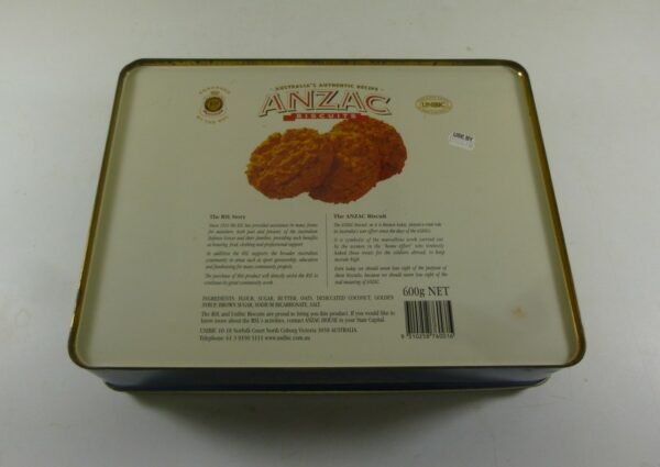 Unibic 'ANZAC BISCUITS', RSL badge on blue, 600g. Biscuit Tin, with info sheet, c.2001