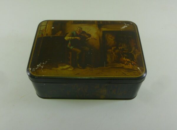 Arnott's 'OLD MUSICIAN' (playing violin by fireside), rect. Biscuit Tin, c.1930's