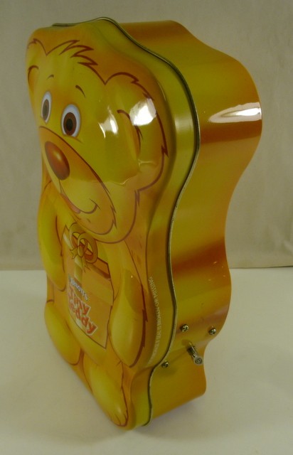 ARNOTT'S Tiny Teddy 'Happy', Musical 250g. Teddy-shaped Biscuit Tin, c.2005