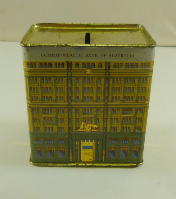 'COMMONWEALTH BANK', 'Replica Building', green & yellow, Money Box Tin