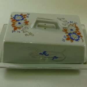 Made in Japan Butter Dish, floral-decoration, in blue & orange on white, c.1960's
