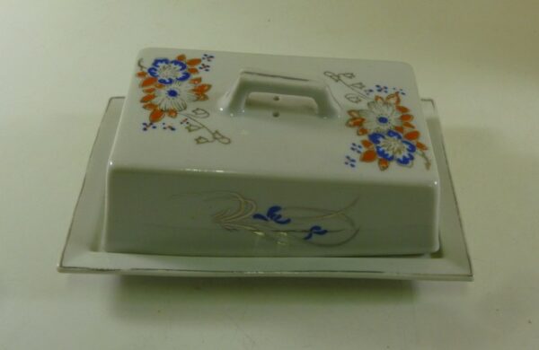 Made in Japan Butter Dish, floral-decoration, in blue & orange on white, c.1960's