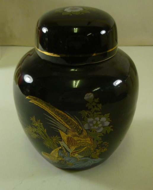Ginger Jar, featuring 'Peacocks', in black ceramic