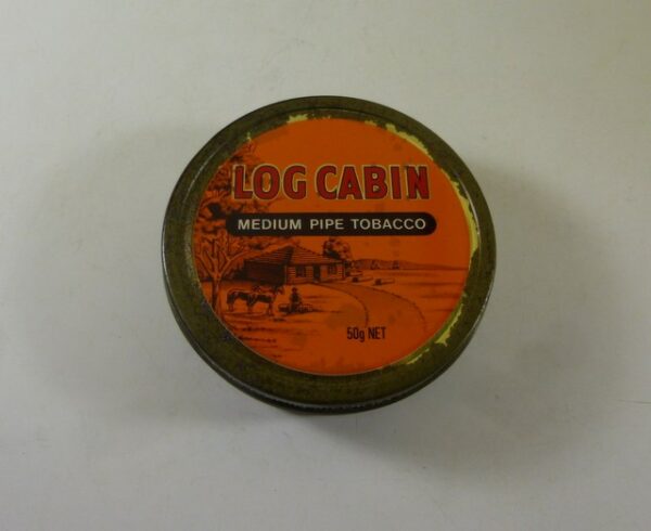 LOG CABIN, red & orange, round, 50g. Tobacco Tin, c.1970's