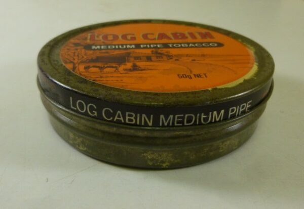 LOG CABIN, red & orange, round, 50g. Tobacco Tin, c.1970's