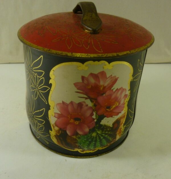 ROBUR 'Cactus Flowers', red & black, 16oz. cylindrical Tea Caddy Tin, c.1960's