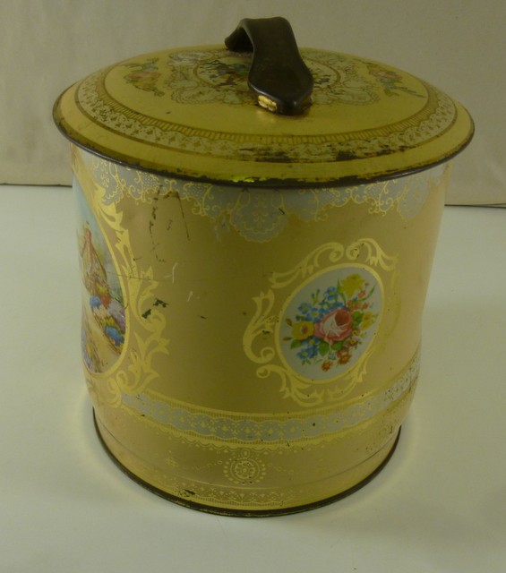 Embassy Toffees, 'Victorian Cottages', cream, round, 16oz. Sweets Caddy Tin, c.1960's