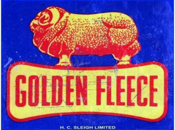 'GOLDEN FLEECE', 430 x 280mm, distressed, rectangular Advertising Sign, in heavy gauge tin