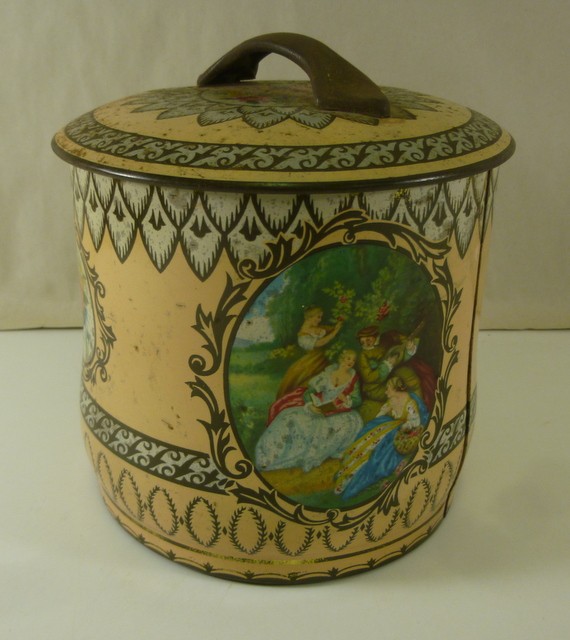 Embassy Toffees, 'Victorian Musicians', round, 16oz. Sweets Caddy Tin, c.1960's