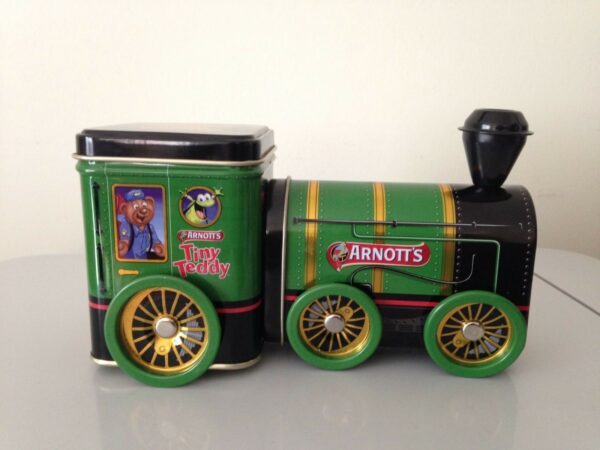 ARNOTT'S 'Tiny Teddy', green Steam Train, 50g. train-shaped Biscuit Tin