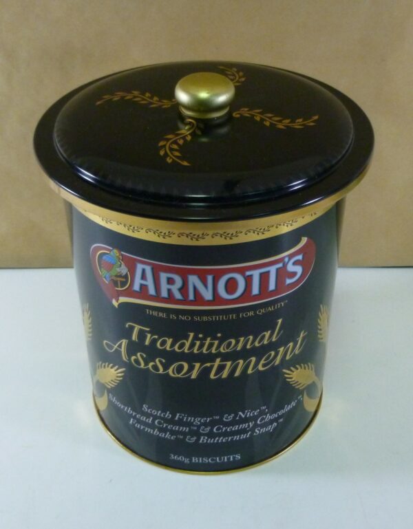 ARNOTT'S 'Traditional Assortment', gold on black, 360g. Biscuit Barrel Tin, c.2009