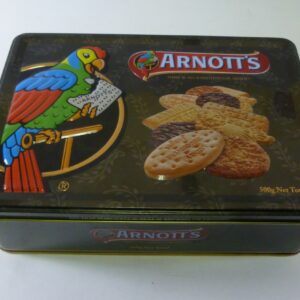 ARNOTT'S 'Biscuit Assortment', stylised Parrot on black, black landscape rect. 500g. Biscuit Tin, c.2010