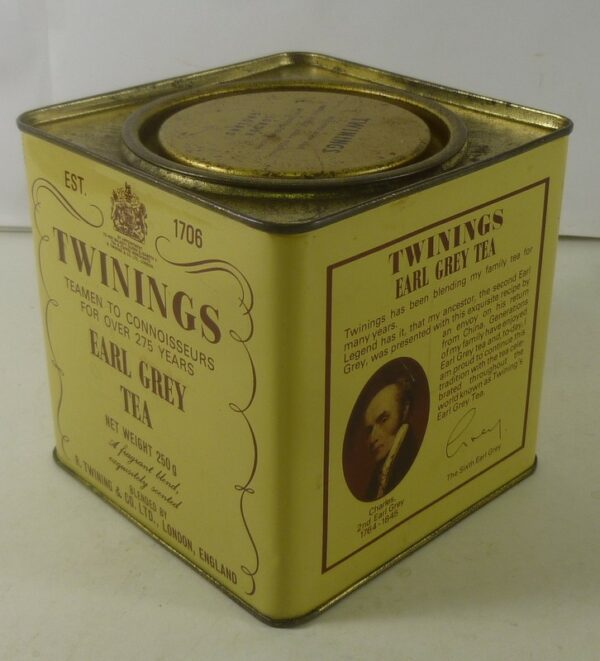 TWININGS 'EARL GREY TEA', cream-label, cubic, 250g. Tea Tin, c.1980's