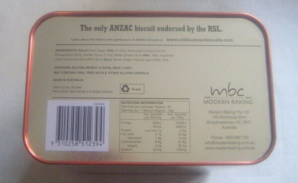 Unibic ANZAC Biscuits, (Australian Light Horse), upright, 500g. Biscuit Tin, c.2015