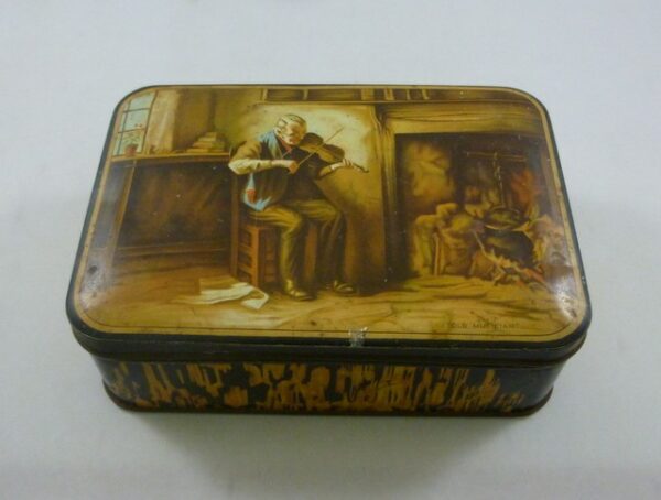 SWEETACRES 'OLD MUSICIAN' (playing violin by fire), rect., 1 lb. Sweets Tin