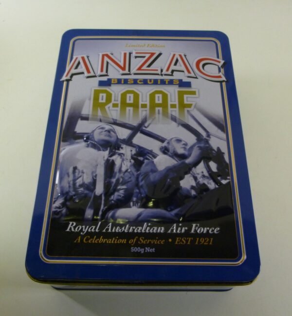 UNIBIC ANZAC Biscuits, 'RAAF ....', blue, 500g. Biscuit Tin, c.2012
