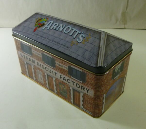 ARNOTT'S 'STEAM BISCUIT FACTORY', hipped-lid, 360g. Biscuit Tin, c.2008