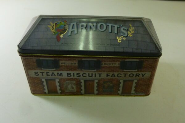 ARNOTT'S 'STEAM BISCUIT FACTORY', hipped-lid, 360g. Biscuit Tin, c.2008