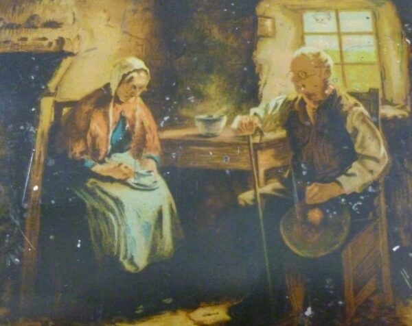 Arnott's 'OLD FOLK' (Old Couple by Fire), rect. 1 lb. Biscuit Tin, c.1950's