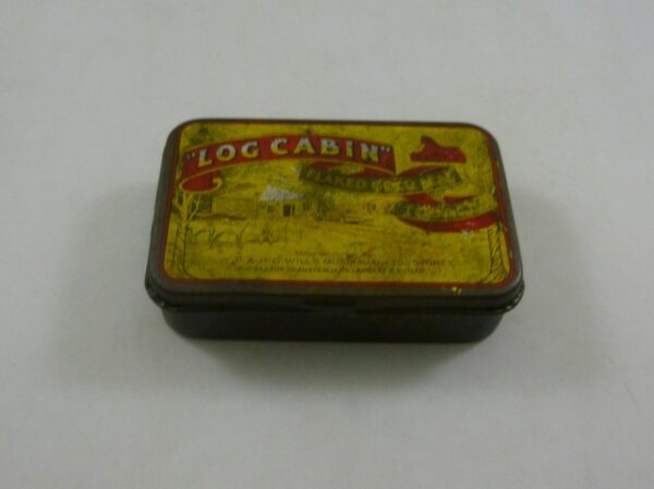 LOG CABIN, red, yellow & gold, rect. 2 oz. Tobacco Tin, c.1950's