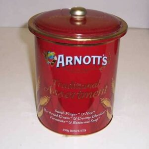 ARNOTT'S 'Traditional Assortment', gold on red, 390g. Biscuit Barrel Tin, c.2009