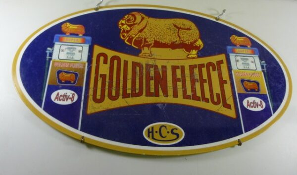 'GOLDEN FLEECE', double-sided, 61 cm long, elliptical hanging Advertising Sign, in tin