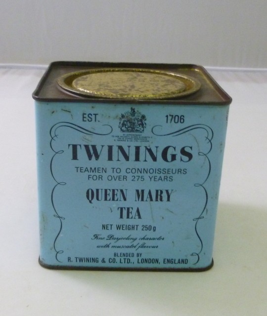 TWININGS 'QUEEN MARY TEA', sky-blue, cubic, 250g. Tea Tin, c.1980's