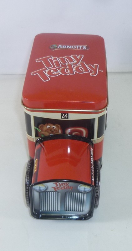 ARNOTT'S 'Tiny Teddy', red Bus, 50g. bus-shaped Biscuit Tin, c.2011