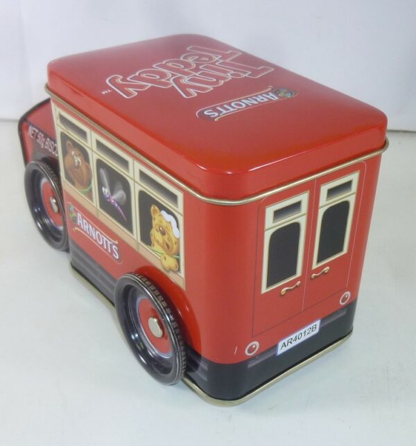 ARNOTT'S 'Tiny Teddy', red Bus, 50g. bus-shaped Biscuit Tin, c.2011