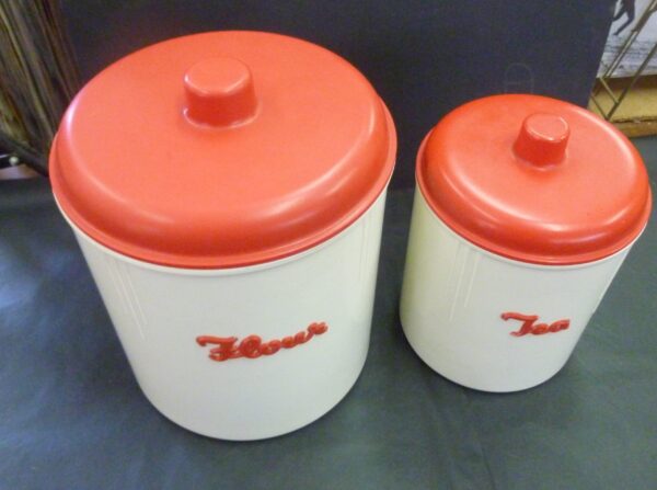 vintage Eon Kitchen Flour and Tea Canisters, raised applied label, in red on ivory bakelite, c.1940's - Image 3