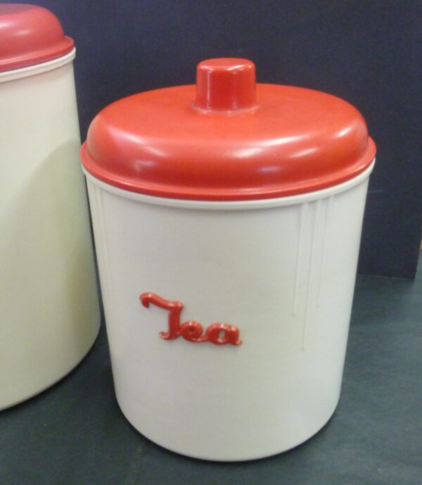 vintage Eon Kitchen Flour and Tea Canisters, raised applied label, in red on ivory bakelite, c.1940's - Image 4