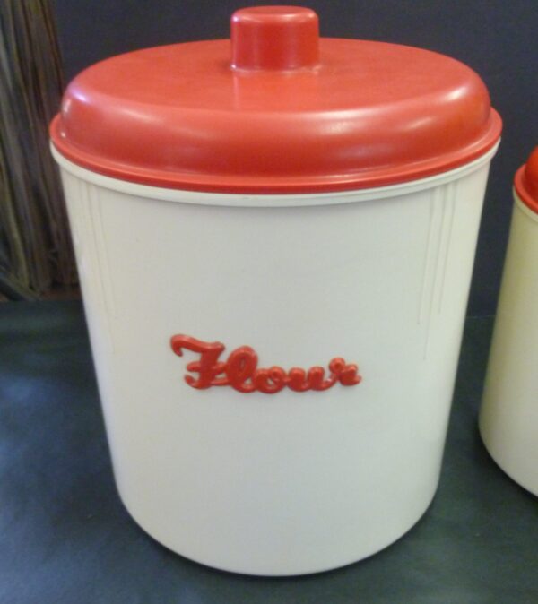 vintage Eon Kitchen Flour and Tea Canisters, raised applied label, in red on ivory bakelite, c.1940's - Image 5