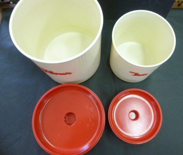 vintage Eon Kitchen Flour and Tea Canisters, raised applied label, in red on ivory bakelite, c.1940's - Image 6