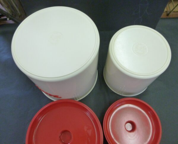 vintage Eon Kitchen Flour and Tea Canisters, raised applied label, in red on ivory bakelite, c.1940's - Image 7