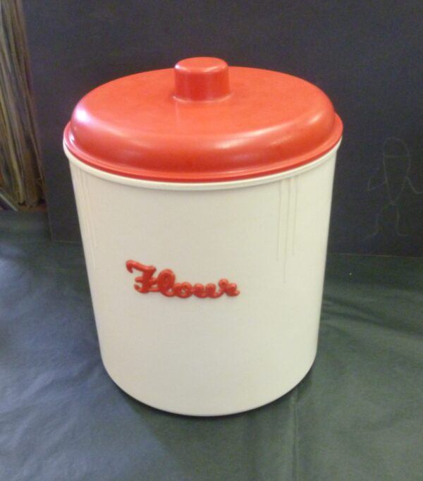 vintage Eon Kitchen Flour and Tea Canisters, raised applied label, in red on ivory bakelite, c.1940's - Image 8