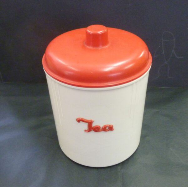 vintage Eon Kitchen Flour and Tea Canisters, raised applied label, in red on ivory bakelite, c.1940's - Image 9